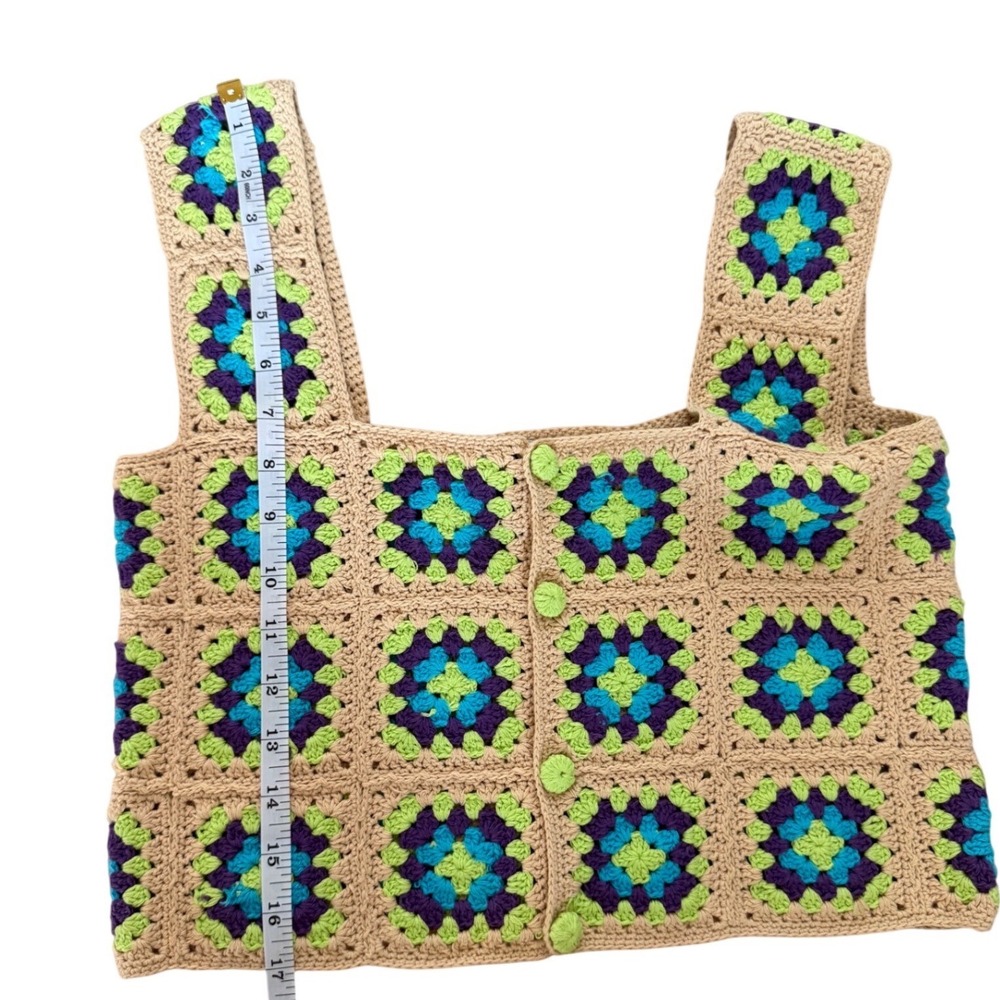 Zara Women Crochet Granny Square Button Front Crop Top Tan‎ Purple Teal Small - Picture 7 of 8